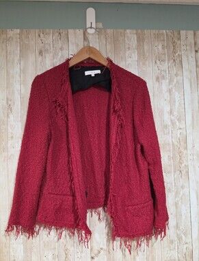 IRO Shavani Red Fringe Open Front Jacket tweed Pockets Long Sleeve Size M